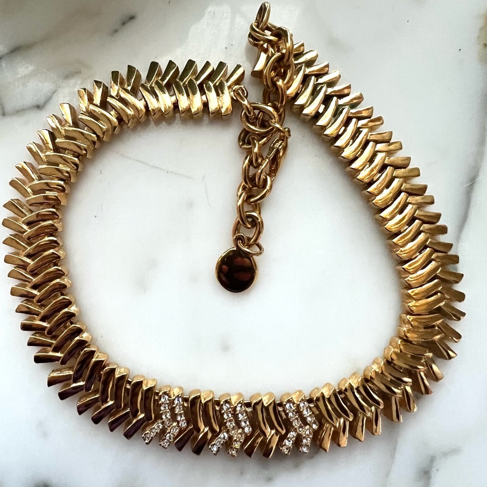 Gold Bold Costume Necklace with Rhinestone Accents